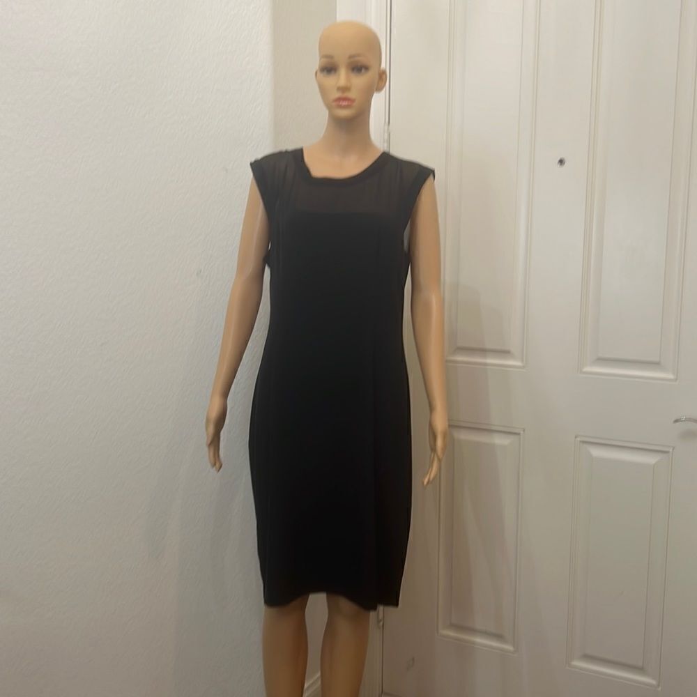 H&M Black Dress Size 14 Midi Scoop Neck Short Sleeve Sheer Top Statement Zipper